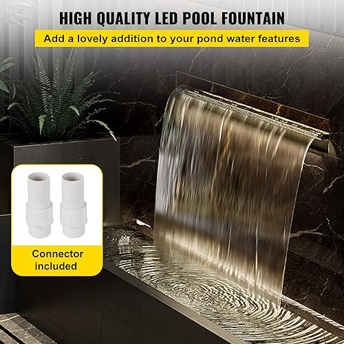 Miniatura 2 de VEVOR Fuente de piscina de acero inoxidable, cascada de piscina de 23.6 x 4.5 x 3.1 pulgadas (ancho x profundidad x alto) con tira de luz LED,