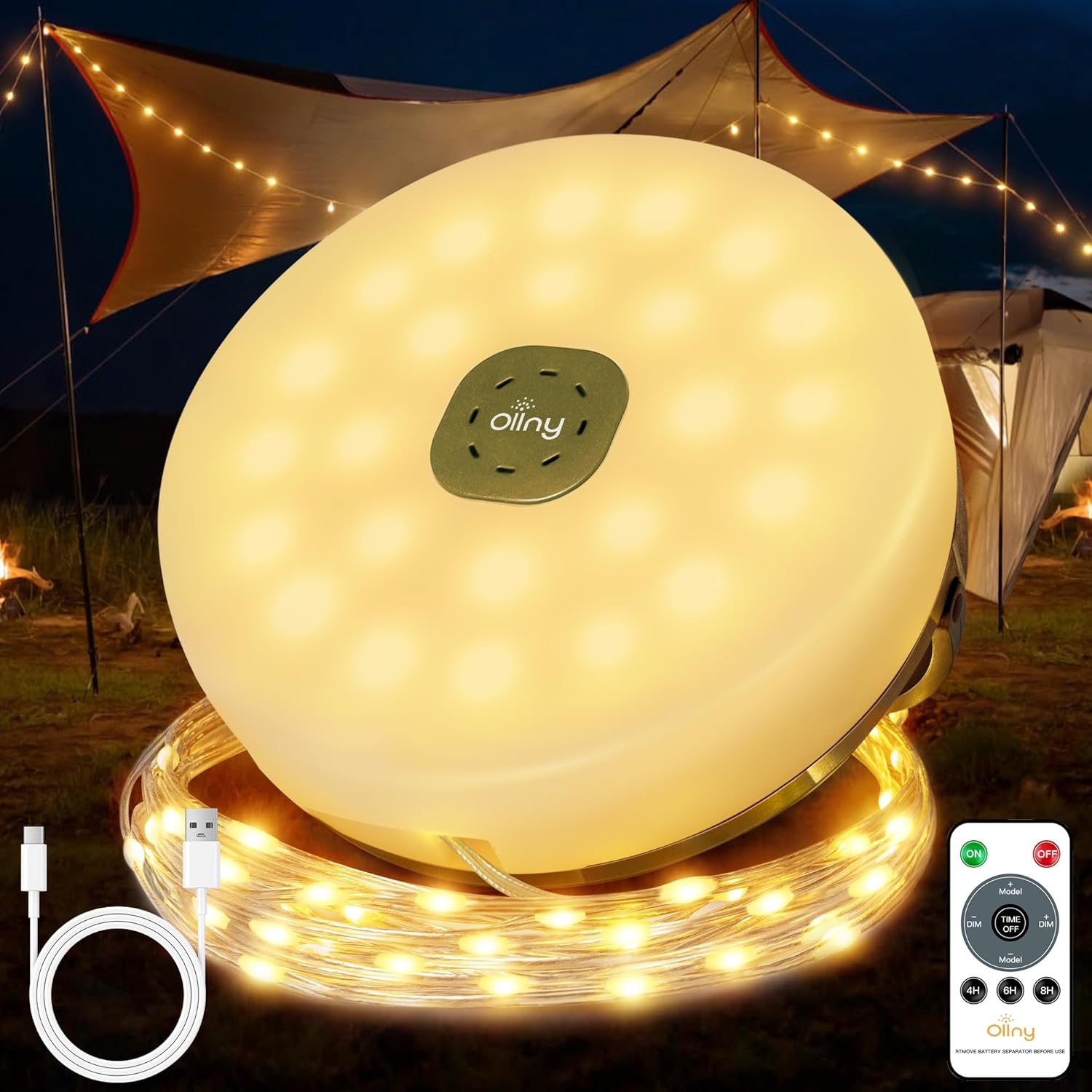 Ollny Camping Lichterkette Aufrollbar 10M, 4-in-1 Tragbare Wiederaufladbare Lichterkette Außen mit 8 Beleuchtungsmodi Timer Dimmbar, Wasserdichte USB Campinglampe Taschenlampe für Zelt Wander Party