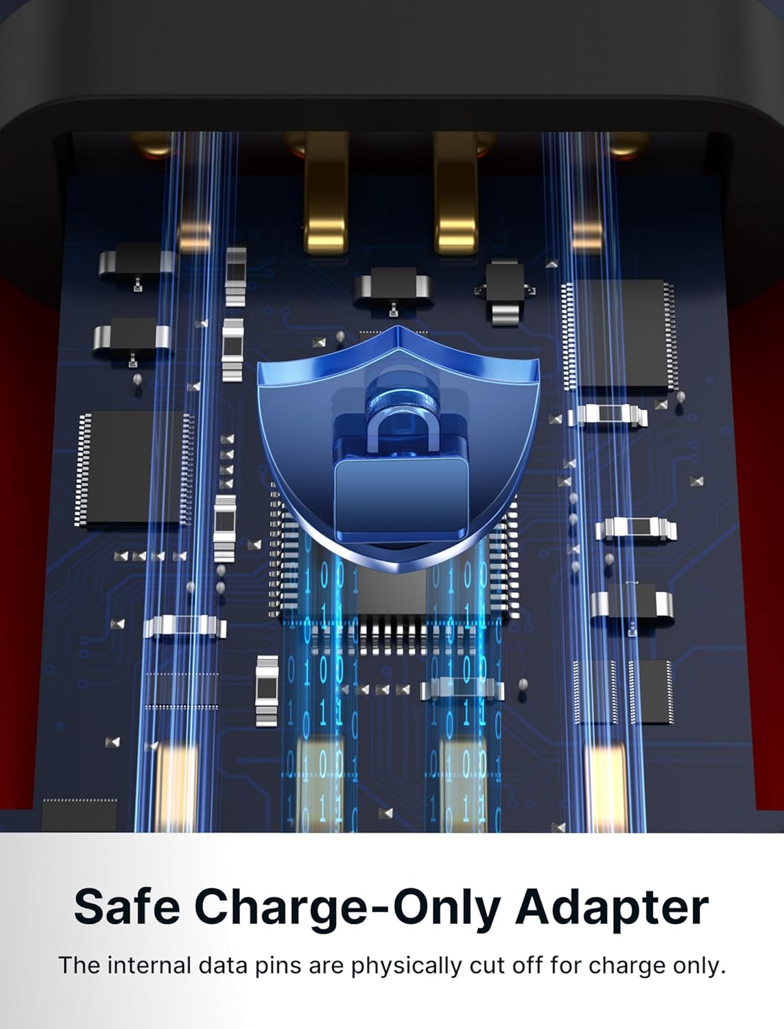 Indre view of the JSAUX data blocker showing data pins physically cut off