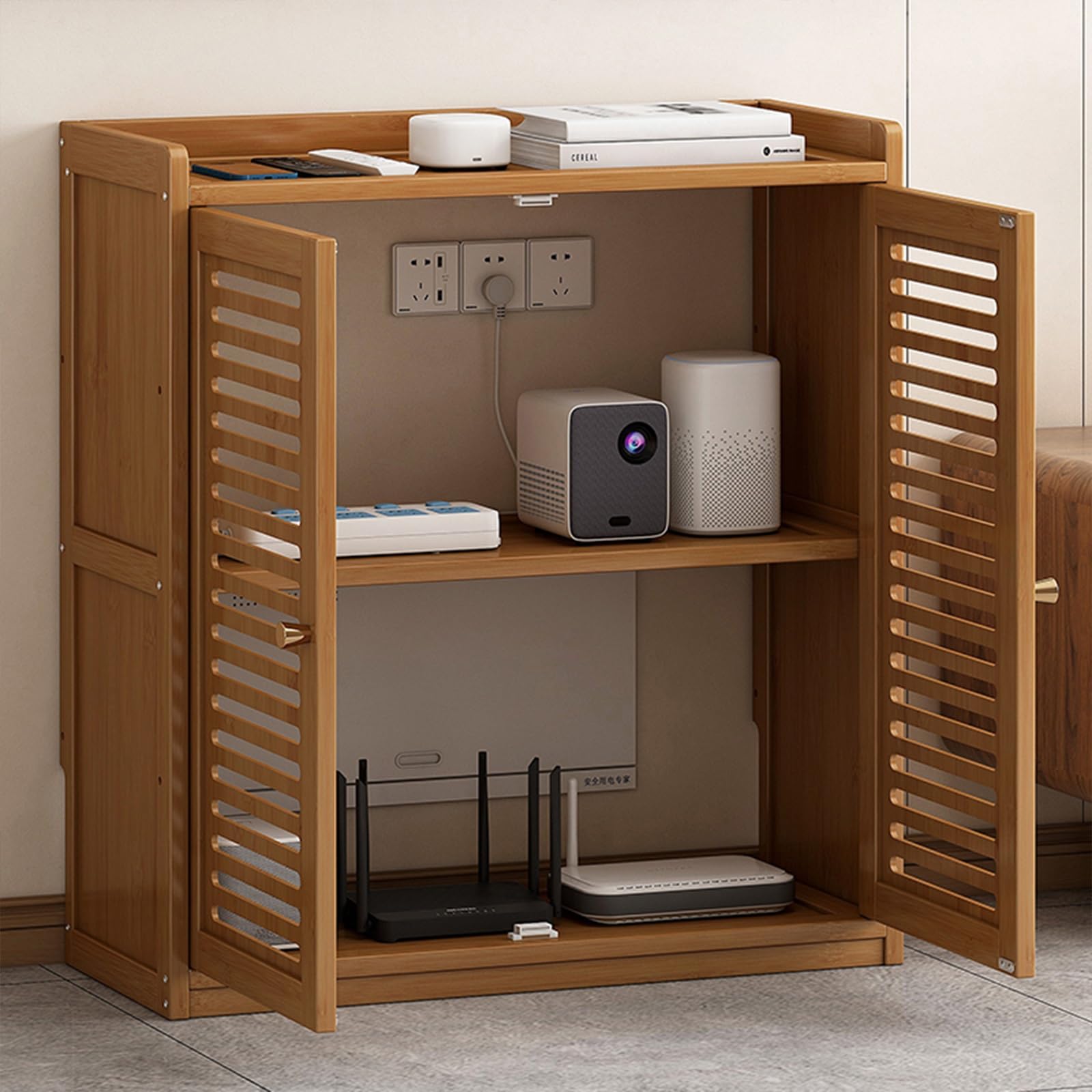 DECAKE WiFi Router Storage Cabinet, Power Strip And Cable Management Hider Organizer,Floor Standing Box Modem For Home Office, Stylish Design With Ventilation & Cord