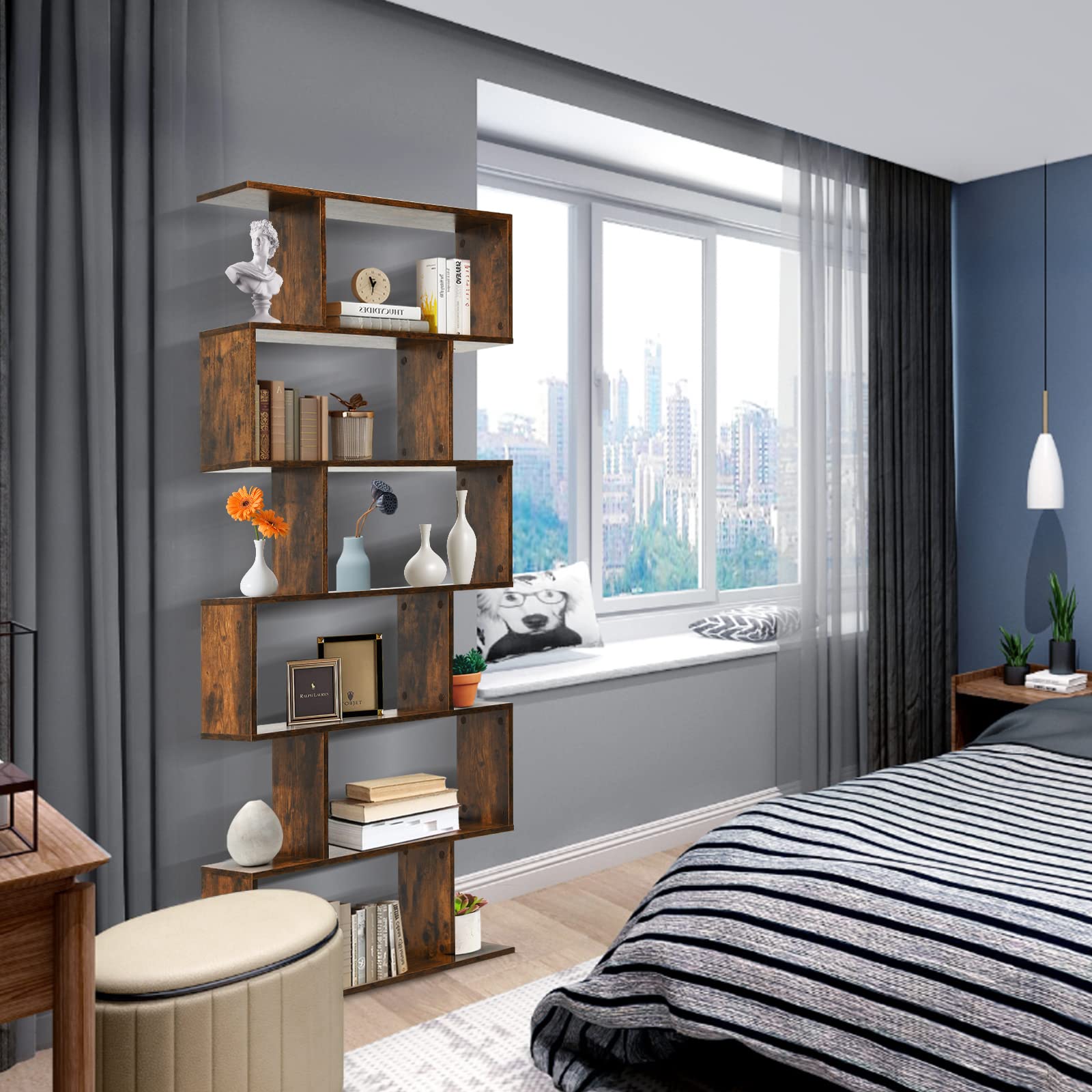GIANTEX Libreria a Forma di S, Scaffale con 6 ripiani, Libreria in Legno a 6 Livelli, Scaffale per Libri, Libreria Multifunzionale, con Design di Antiribaltamento, 80 x 23 x 191 cm (Marrone)