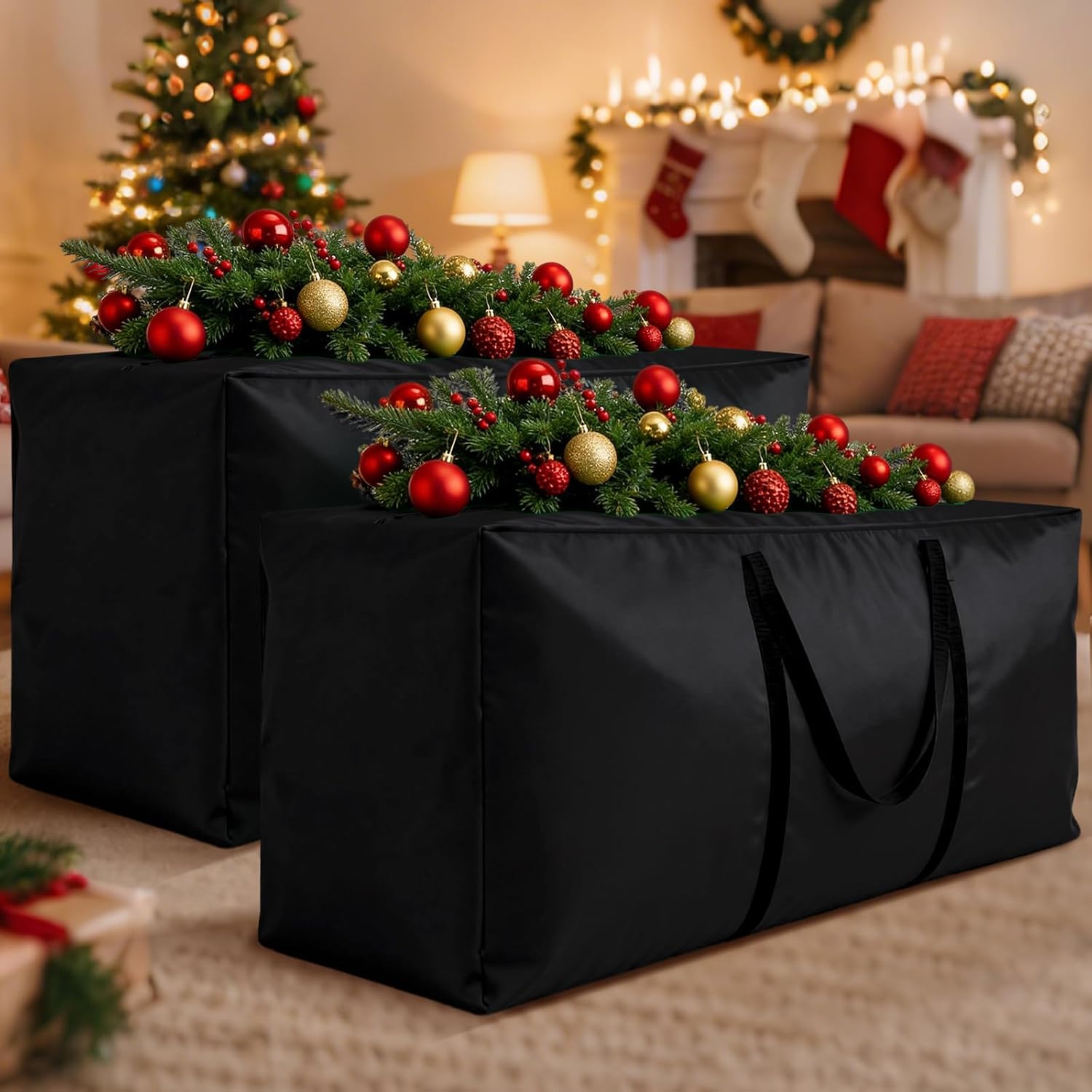 2 Pack Extra Large Christmas Tree Storage Bag, 70" L X 30" W X 20" H Christmas Tree Bag Fits Up 9-12 ft Tall Artificial Trees Waterproof Heavy Duty Xmas Storage Bags with Handles Double Zippers, Black