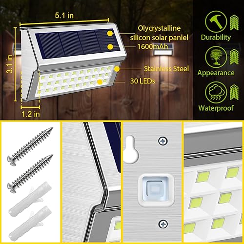 Miniatura 5 de ROSHWEY Paquete de 4 luces solares para exteriores, 30 luces LED de acero inoxidable, impermeables, para escaleras, decoración de patio trasero para