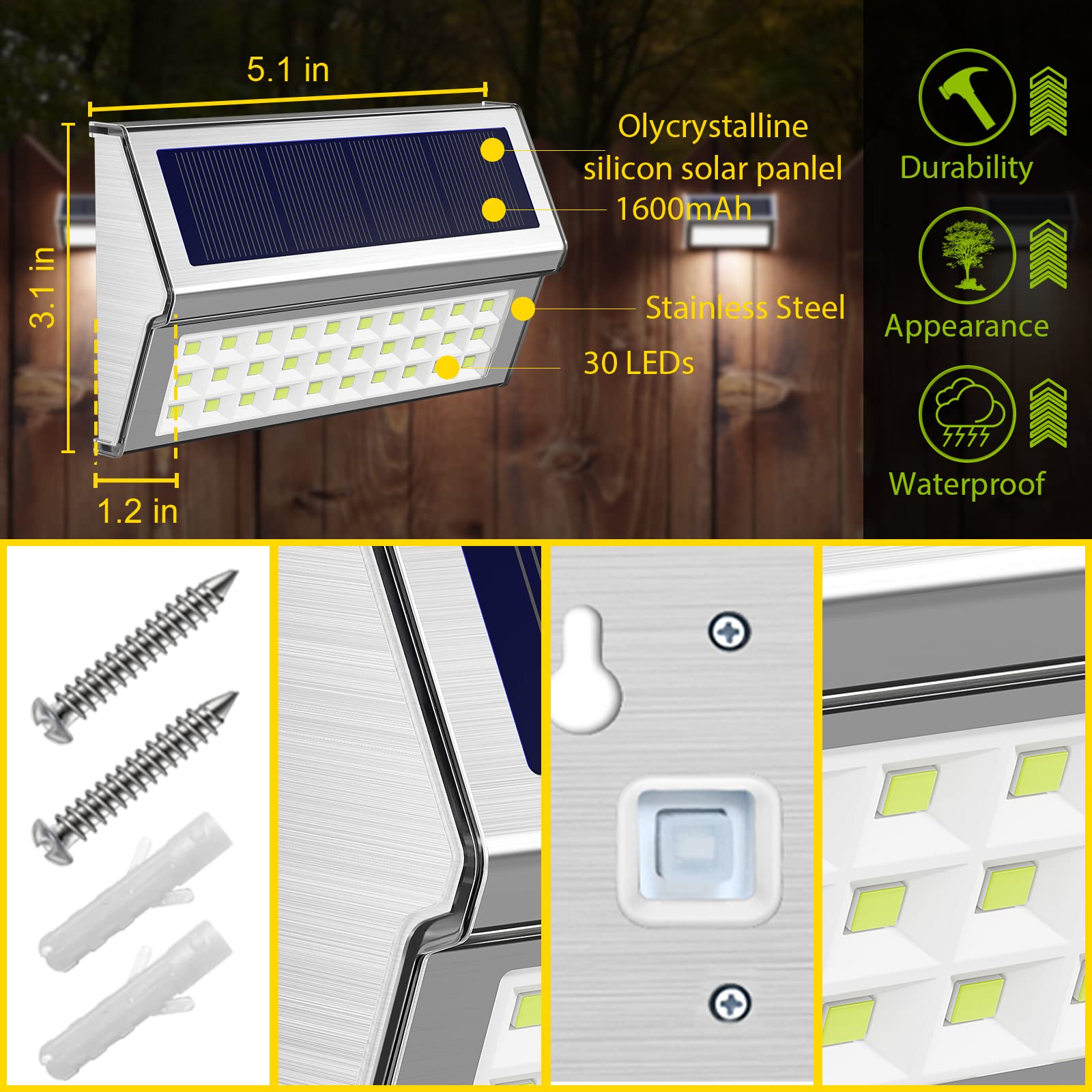 ROSHWEY Lot de 6 lampes solaires d'extérieur à 30 LED étanches pour terrasse, escalier, clôture, décoration extérieure pour terrasse, escalier, piscine, cour, allée, lumière blanche froide
