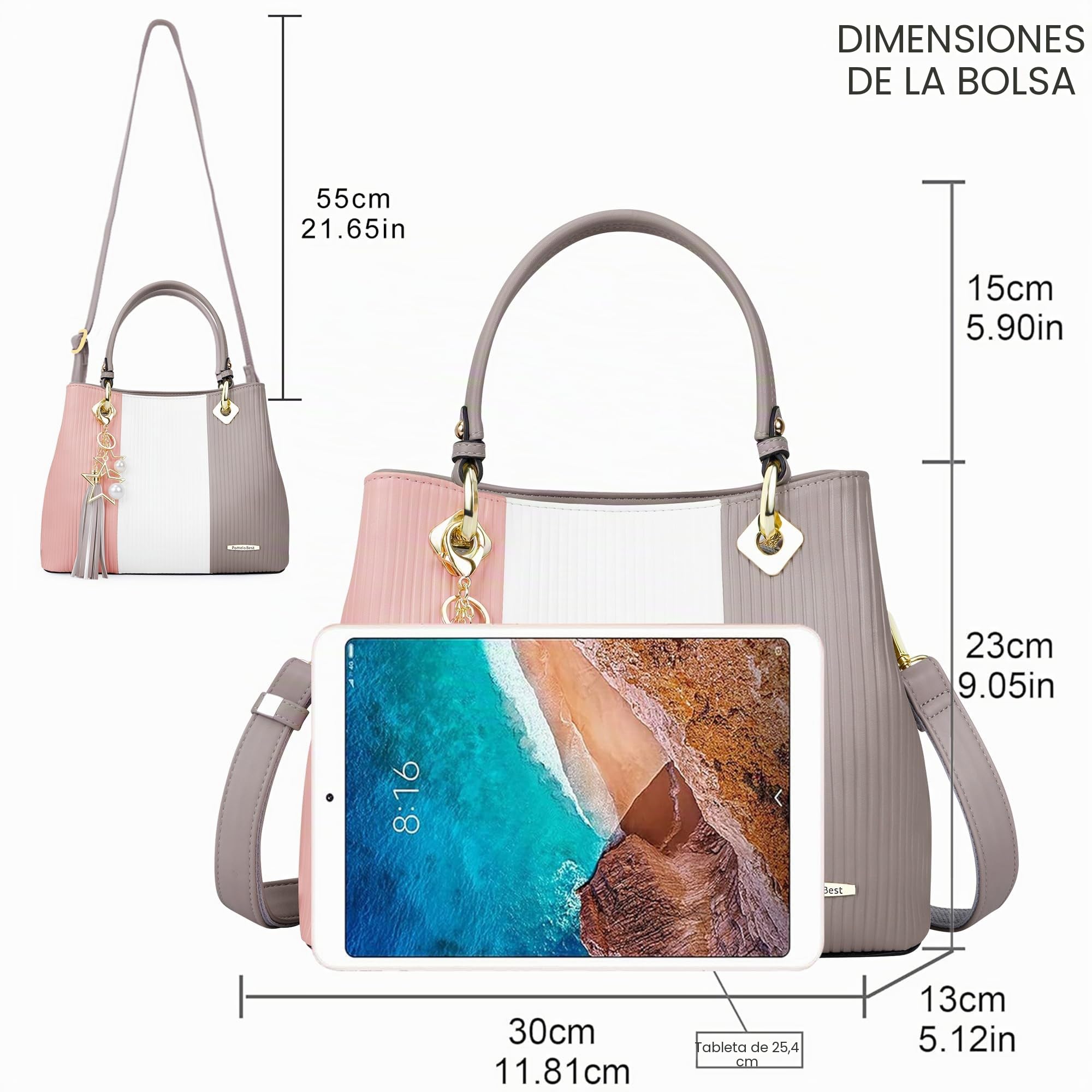 Pomelo Best Bolsos de Mujer, Bolso Señora Tote Multicolor Rayas PU Cuero Con Flecos Bolso Hombro Bolso Shopper perfecto para Trabajo, Diario Vida, Navidad y Fiesta ect (Rosa)