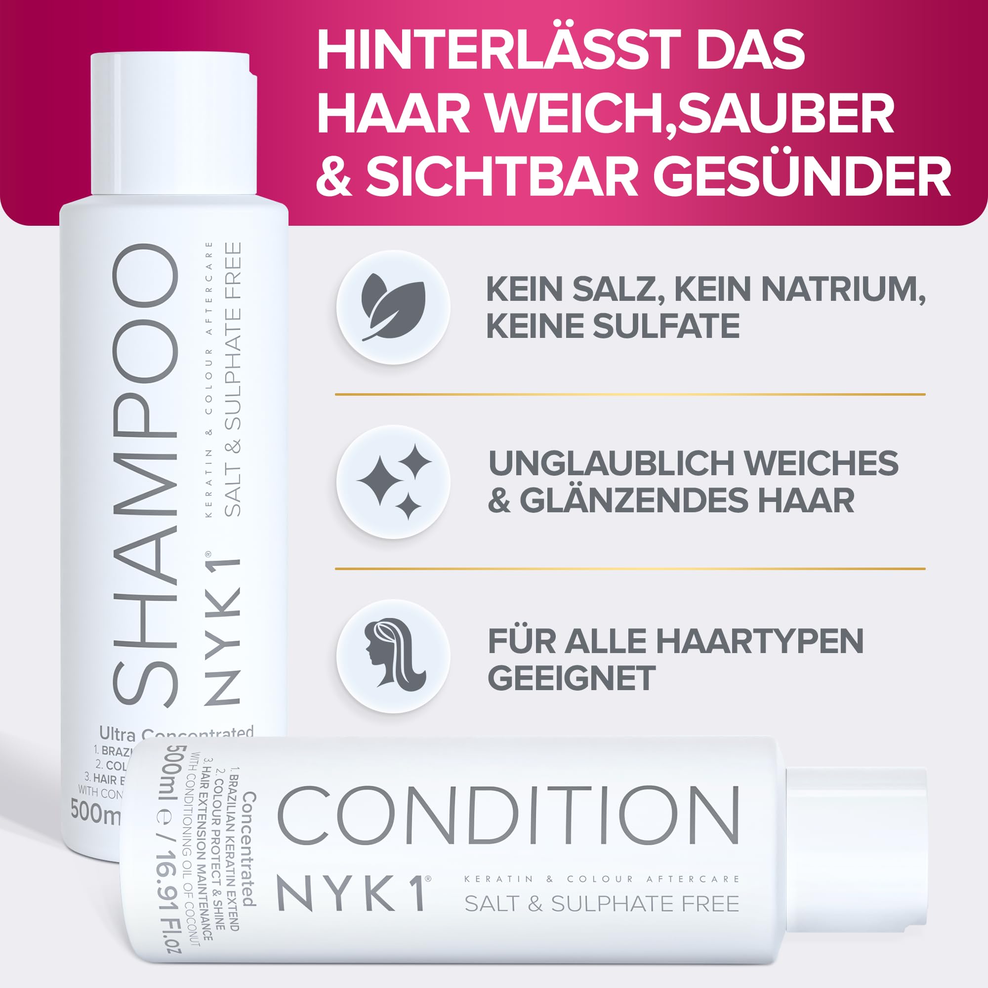 NYK1 Sulfatfreies Shampoo Und Conditioner (2 x 500ml) Ideales Keratin Shampoo Und Pflegespülung Nach Der Pflege Der Haare Für Haarglättung - Salzfreies Shampoos Ohne Sulfate Parabene Und Silikone