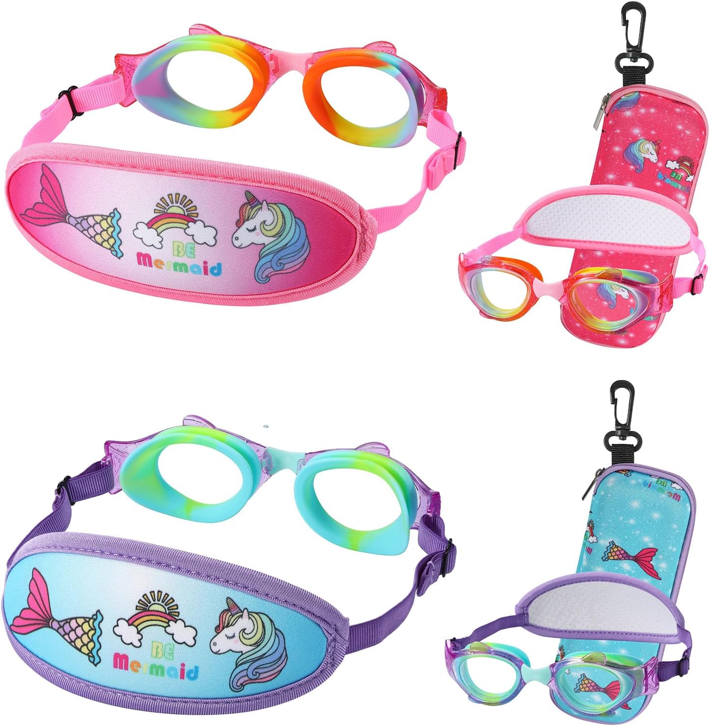 Kids Swim Goggles Age 2-6, Toddler Goggles No Hair Pull,Child Goggles Padded HeadBand 2pk Fish - Rainbow & Blue