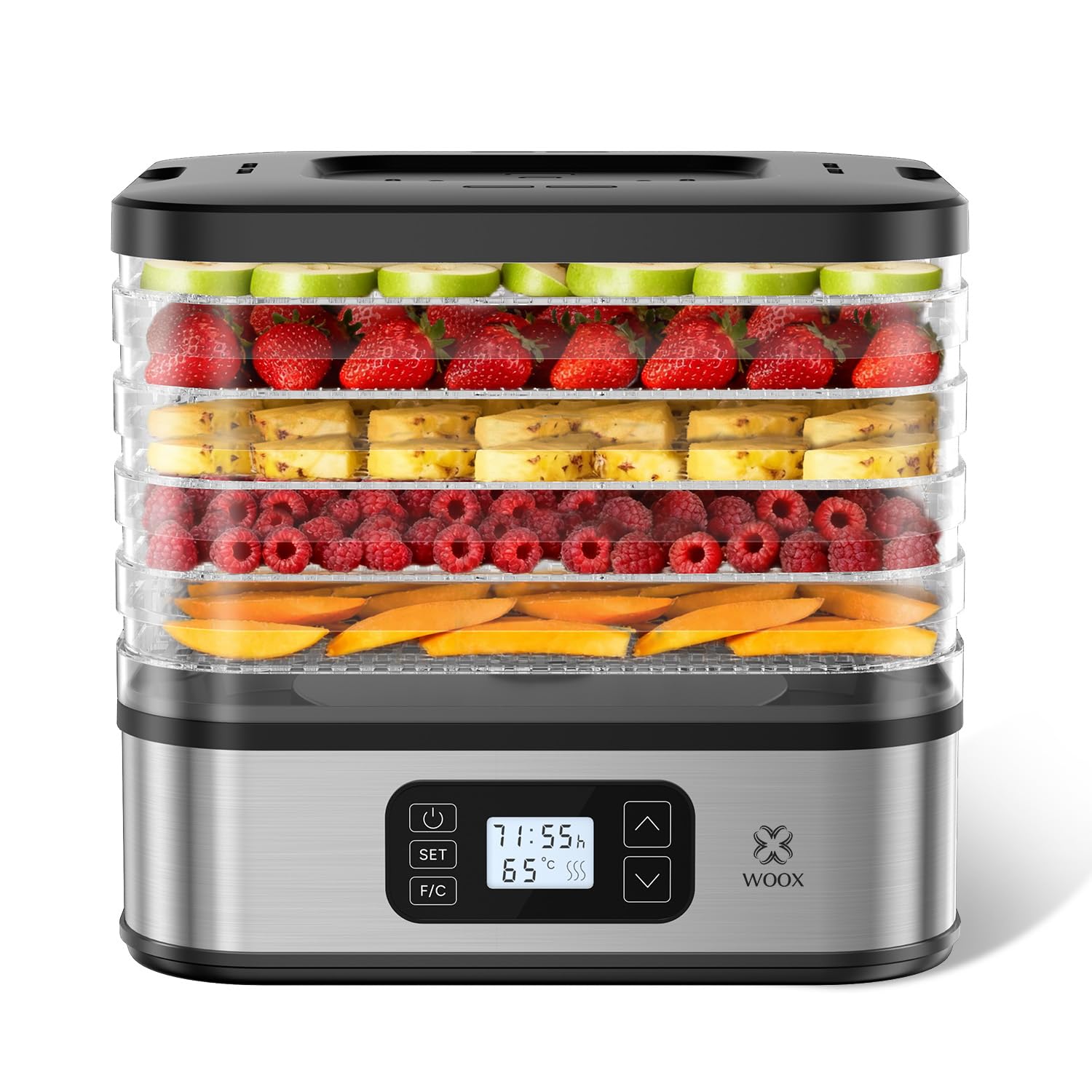 WOOX Deshidratador de Alimentos 240W, Deshidratador con 5 Bandejas Altura Regulable, Pantalla LED, Temporizador 99H y Temperatura Ajustable, Deshidratadora de Frutas y Verduras, Sin BPA