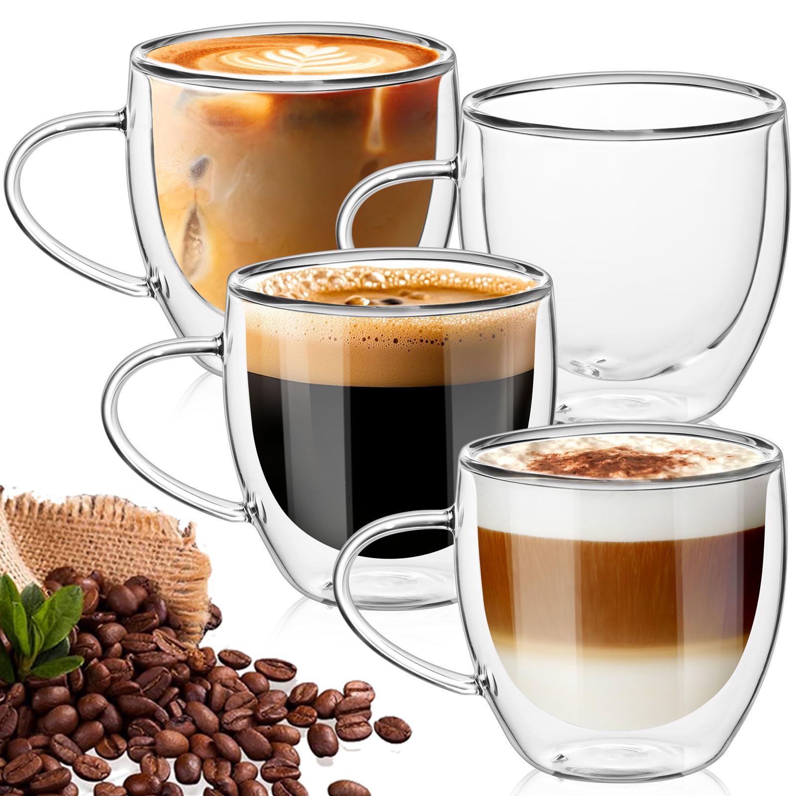 TKNO Confezione da 4 bicchieri da caffè a doppia parete da 380 ml, isolati, stile barista, in vetro trasparente, per latte, cappuccino, bianco piatto, tazze da caffè in borosilicato resistente al