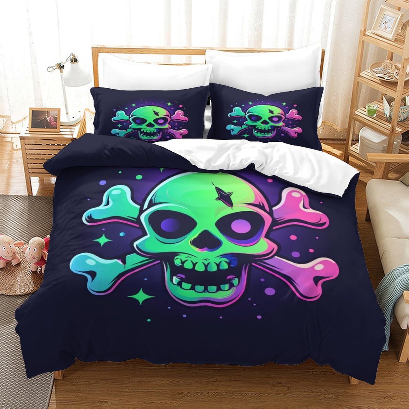 BARDYS Colourful Skull Comforter Covers for Boys Girls Duvet Cover 3D Print Minimalist Quilt Cover Soft Microfiber with Pillow Cases with Zipper Closure Bedding Set 3 Pieces Single（140x200cm）