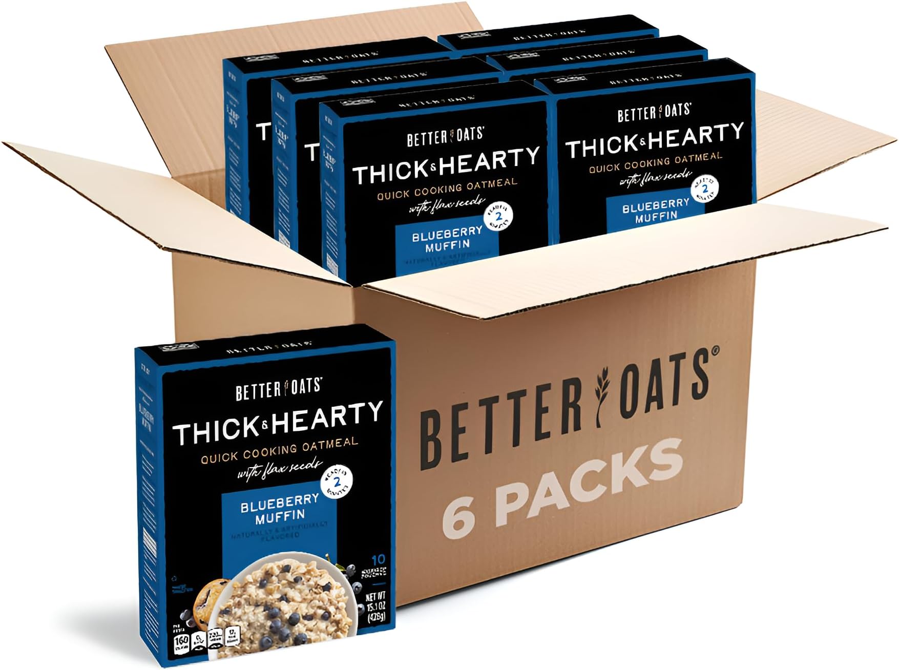 Better Oats Thick & Hearty Instant Oatmeal Packets, Blueberry Muffin Flavor with Flax Seeds and Whole Grains, Quick-Cooking Breakfast, Kosher, 15.1 oz Box (Pack of 1)
