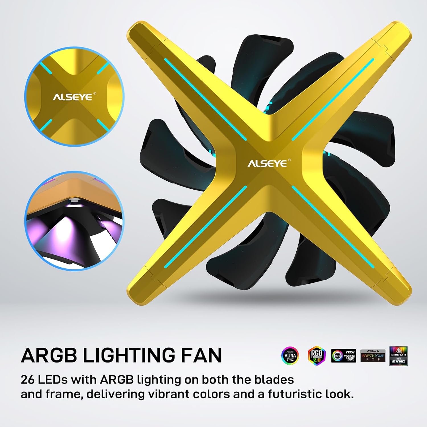 ALSEYE X12 Case Fan ARGB PWM Computer Air Cooling Fan - High Performance Silent Operation 120mm RGB CPU Cooling (Yellow, Reverse Blade)