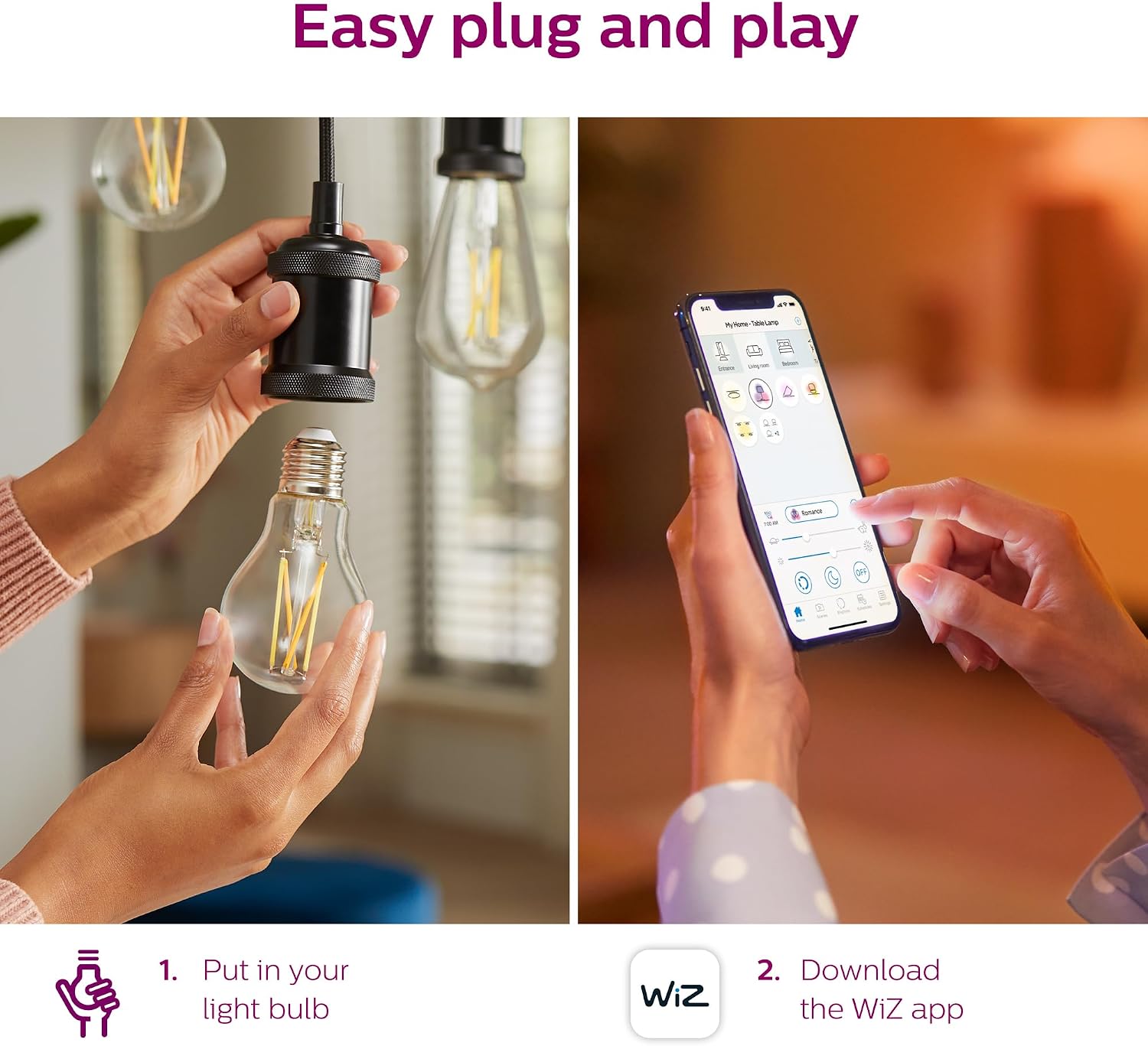 PHILIPS Smart Lighting, LED Filament A19 Bulb, 800 lm, Tunable White Light 2700-5000 K, Low Dimming, Connected by WiZ, Alexa, Google Home, Apple Home - 4 Pack image 3