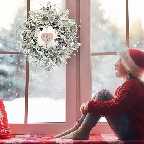 Miniatura 8 de Corona de abedul con bayas blancas, conos de pino helado, hoja de acebo, rama, corona de Navidad de invierno de 26 pulgadas para puerta delantera o