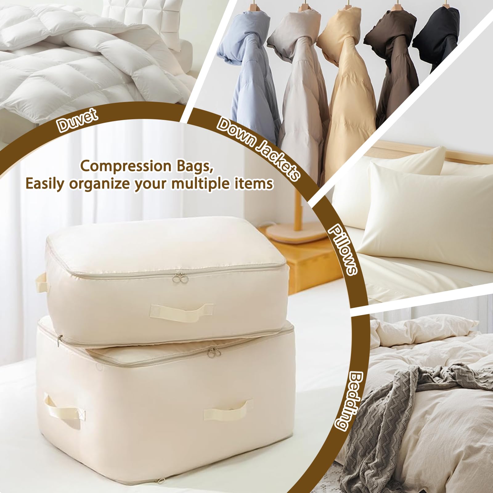 Shackcom 4 organizer autocomprimibili ultra salvaspazio, grandi, per riporre piumini, vestiti, con 4 etichette, per biancheria da letto, vestiti, coperte, cuscini e piumini, L, beige