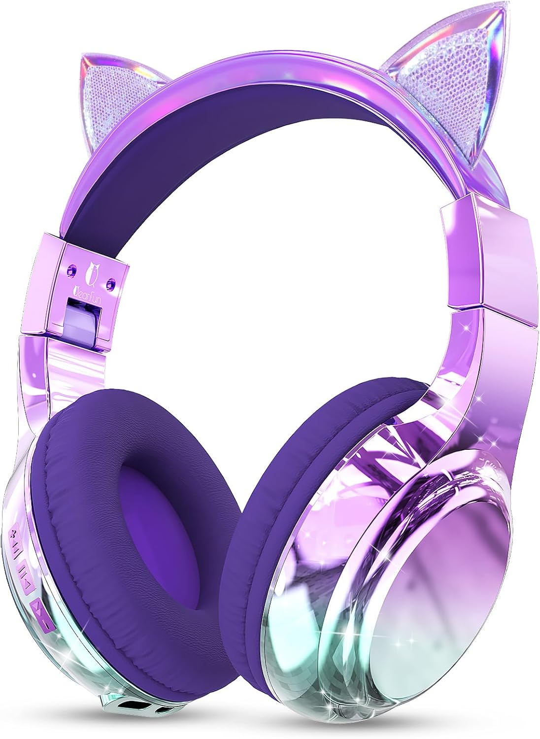 QearFun Kids Cat Ear Bluetooth Headphones, 60H Playtime, 74/85/94dB Safe Volume Limit, Metallic Gradient Wireless Headset with Mic, Fast Charging, Foldable, Wired Mode for Girls School/Tablet/Travel Cat Purple