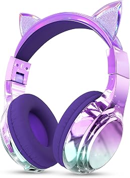 JYPS Kids Headphones Wireless, Cute Metallic Look, Bluetooth 5.3 Cat Purple | Over Ear 75/85/94dBA safe volume, 60H playtime, stereo sound, Type-C charging for iPad Kindle Tablet