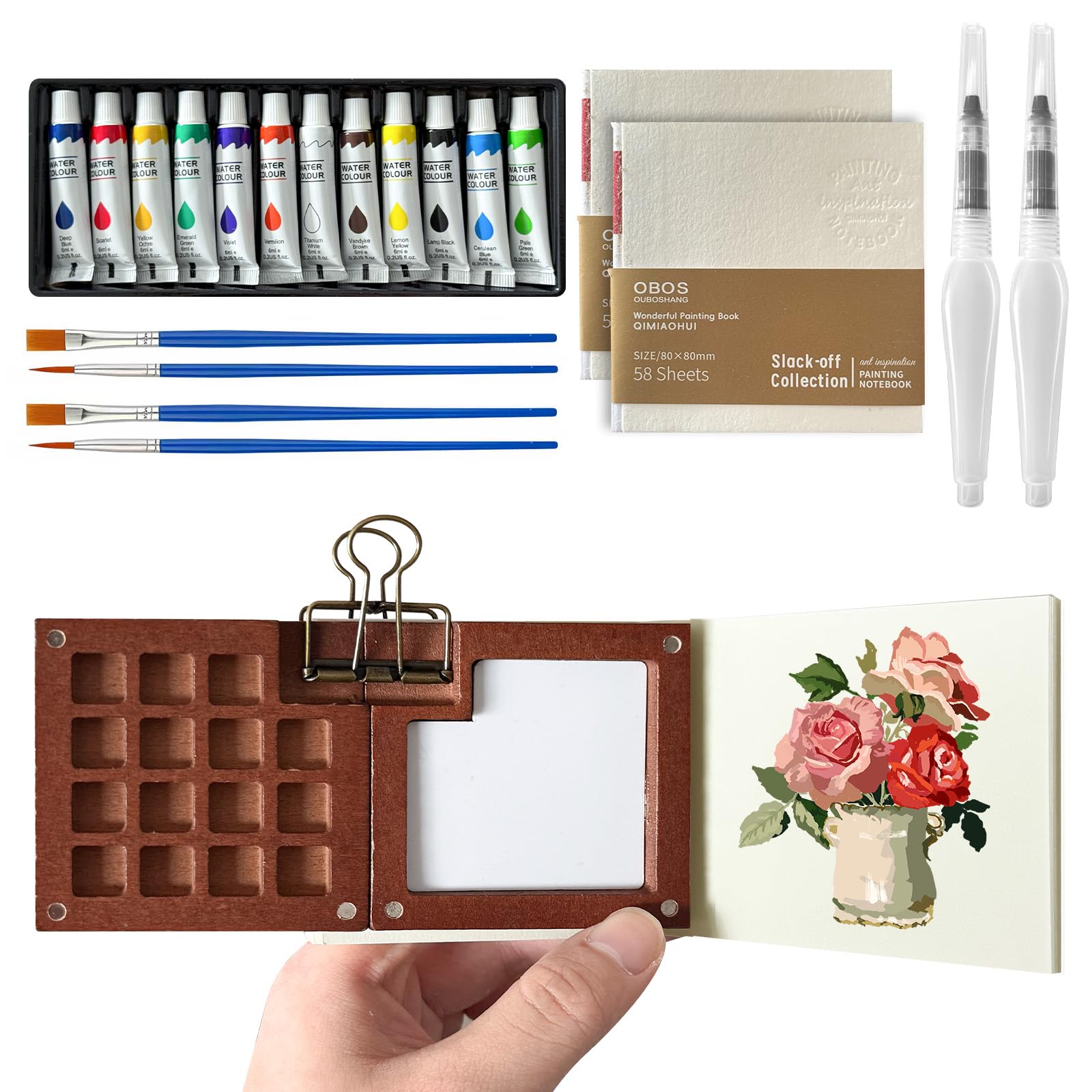Mini paleta de acuarela con clip de metal y 15 rejillas de madera para viaje