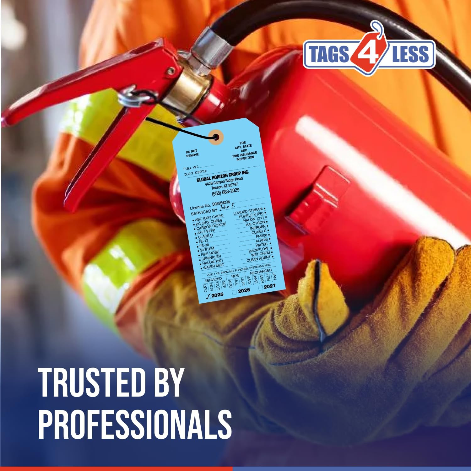 Tags 4 Less Custom Fire Extinguisher Tags – Preventative Maintenance Labels for Monthly Inspections, Alternative to Safety Sticker for Easy Record-Keeping – Pack of 100 (Light Blue, Cardboard)