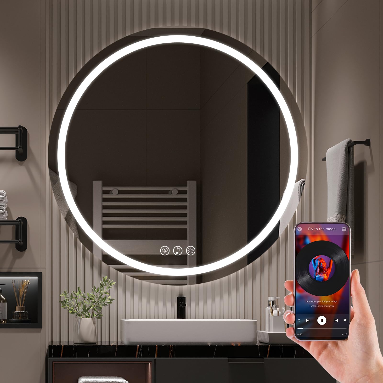 Ratsamee Bluetooth Espejo Baño con Luz Redondo 70cm, Espejos de Baño con LED con Antivaho, Regulable, 3 Colores Luz, Función Memoria