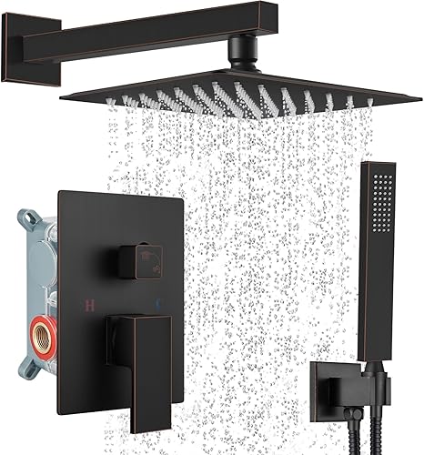 Midanya Sistema de ducha de lluvia, cabezal de ducha cuadrado de lluvia, juego de grifo de ducha con rociador de mano, kit de moldura de válvula