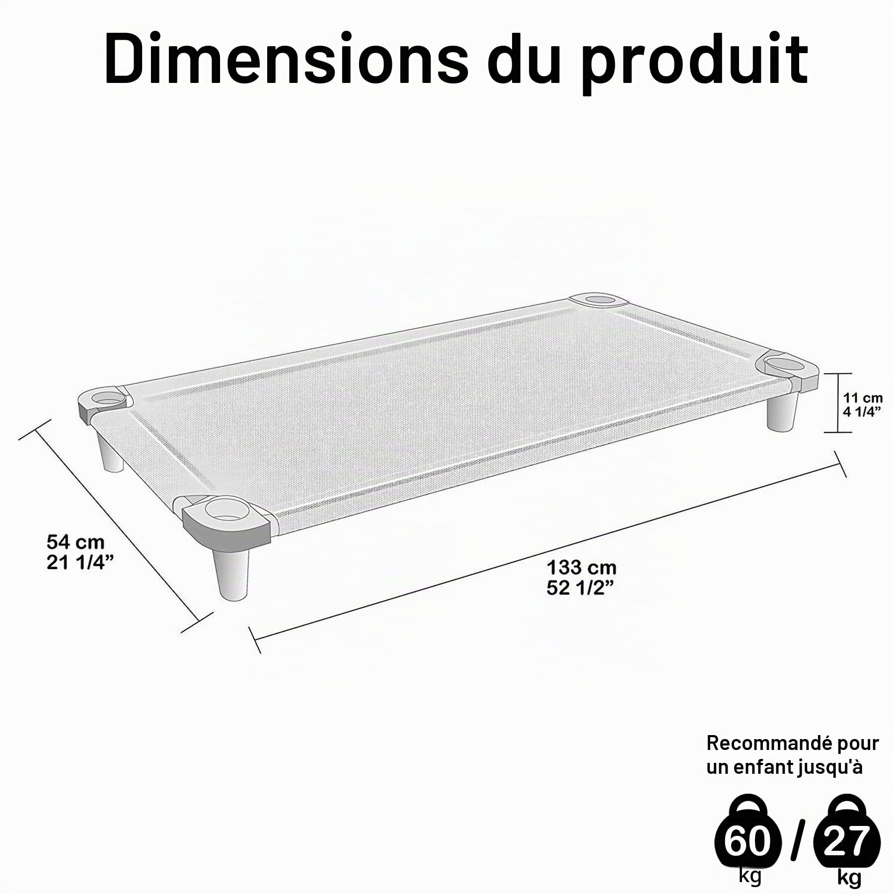 Acrimet Lit de Sieste pour Enfants Portable Empilable 52 Pouces Tubes en Acier Inoxydable Bleu Gris