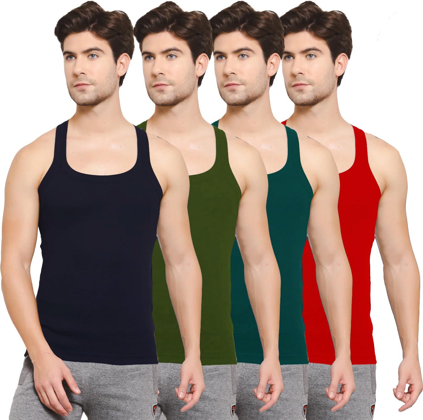 Men's Cotton Solid Multicolors Square Neck Sleeveless Gym Vest - Pack of 4 (222)-image-27