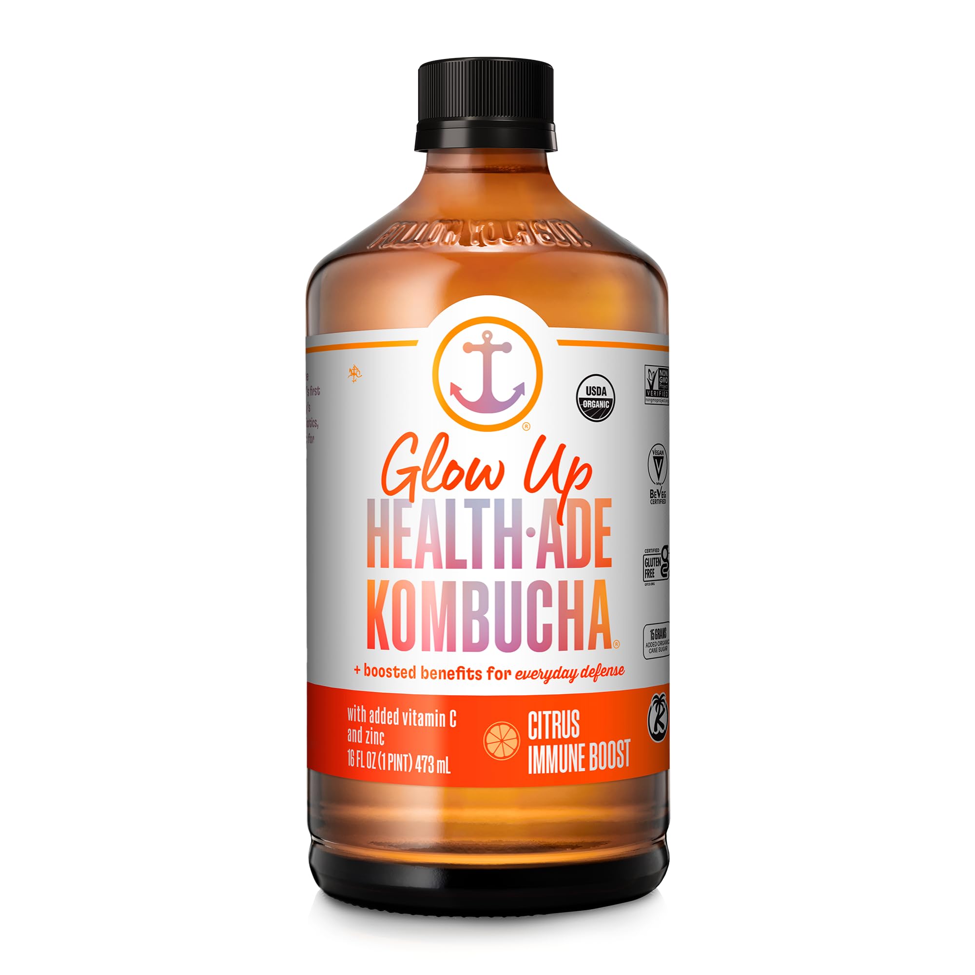 Health-Ade Kombucha Tea Organic Drink, Fermented Tea with Living Probiotics, Detoxifying Acids, Supports Gut Health, Non-GMO, Vegan, Gluten Free, 12 Pack (16 Fl Oz Bottles), Citrus Immune Boost
