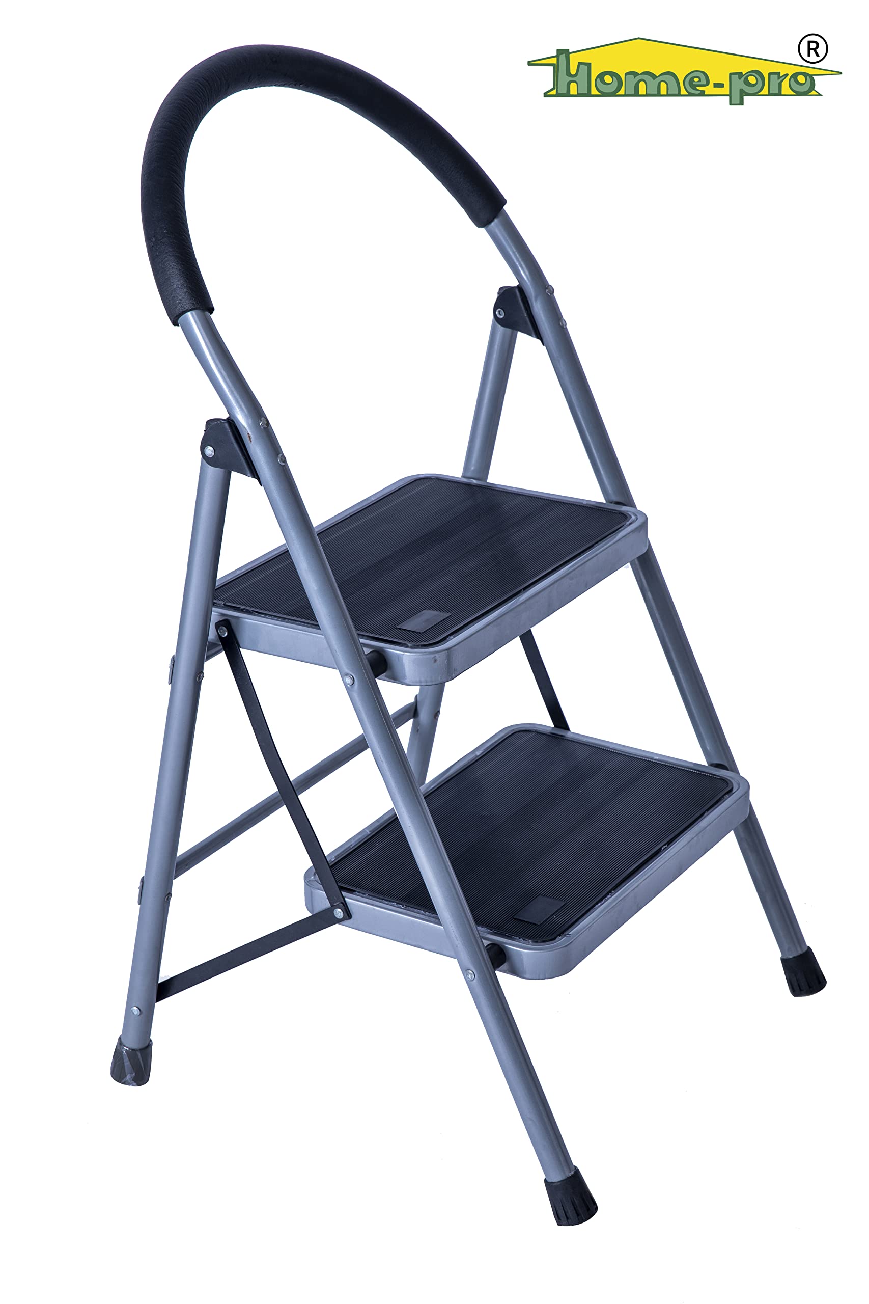 Home-pro Premium 2 Steps Foldable Heavy Duty Maximum Strength mild Steel Ladder with Anti Skid Wide Steps and 150kg Weight Capacity Grey