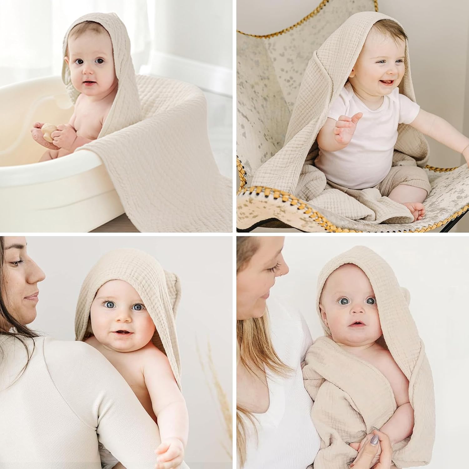 Cinaci 1pc Soft & Absorbent 100% Muslin Cotton Baby Hooded Bath Towel for Baby Girls Boys Newborns Infants Toddlers Kids (Cream)