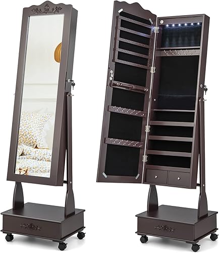 Miniatura 9 de CHARMAID Armario de joyería con 6 luces LED con espejo de longitud completa armario de joyería con cerradura con ruedas cajón inferior caja