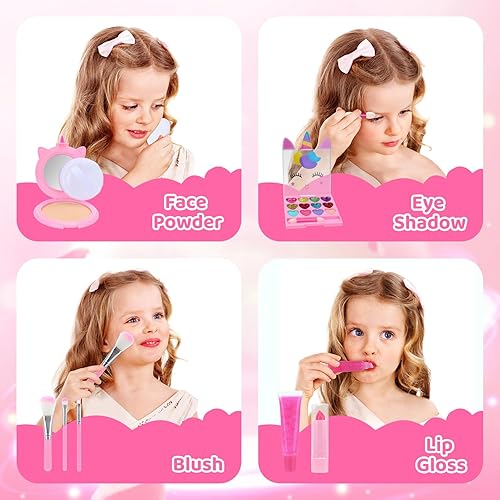 Miniatura 6 de PERRYHOME Juego de maquillaje de unicornio para niños, lavable, regalo para niña con monedero pequeño, kit de maquillaje cosmético real, no tóxico,