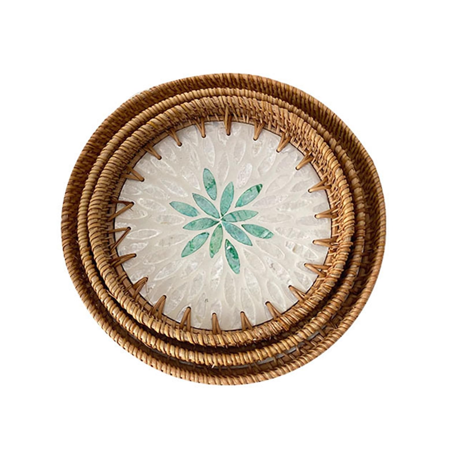RUDHSJNJK 3 Packs Round Rattan Tray with Mother of Pearl Inlay Decorative Woven Serving Tray for Bread Fruit Food Coffee Breakfast,8