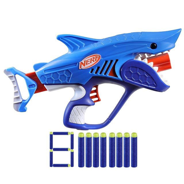 Nerf SHARKFIRE Lanzador de Juguete con Forma de Tiburón y 8 Dardos de Espuma, Juego de Batallas, Fácil de Usar, Regalo para Niños y Niñas de 6 Años o Más, Azul