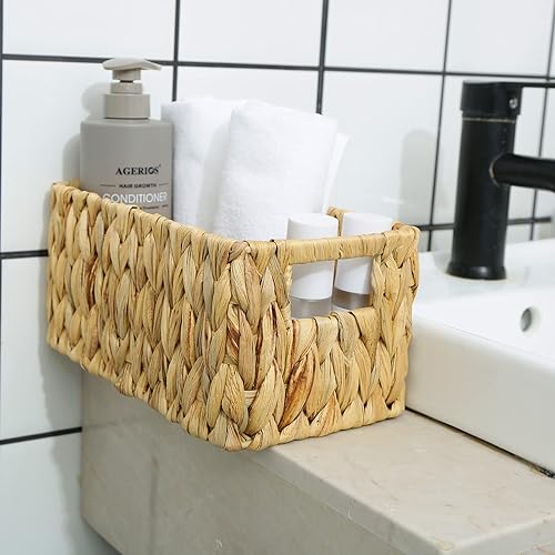 Vista 13 de HOONEX Cestas de almacenamiento de jacinto de agua, cestas de mimbre para organizar, cestas tejidas a mano con asas de transporte, juego de 2