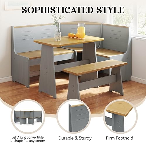 Miniatura 6 de Breakfast Nook Corner Dining Table Kitchen Bench Chair Set, Space-Saving 3-5 People Seat Reversible L-Shape for Family Home Grey Wood