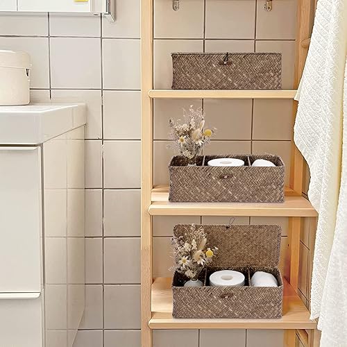 Vista 27 de Hipiwe Cesta de almacenamiento de hierba marina con tapa, rectangular, tejida, para armarios, despensa, baño, cocina, estantes, organización