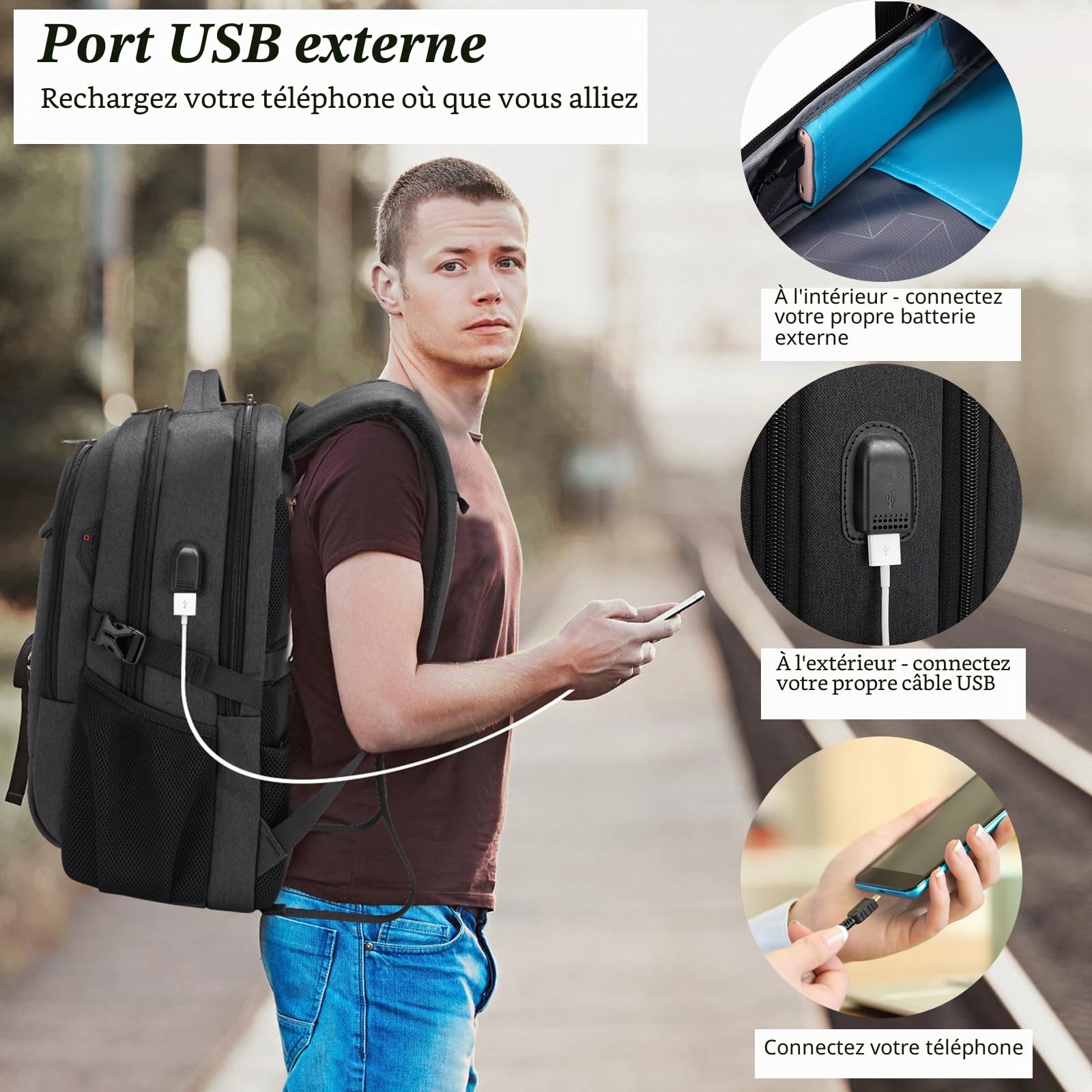 Sac à Dos Ordinateur Portable 17 Pouces Homme Fonctionnel Sac à Dos PC Portable avec USB Charging Port Imperméable Antivol pour Collège Affaire Scolaire Voyage - Noir