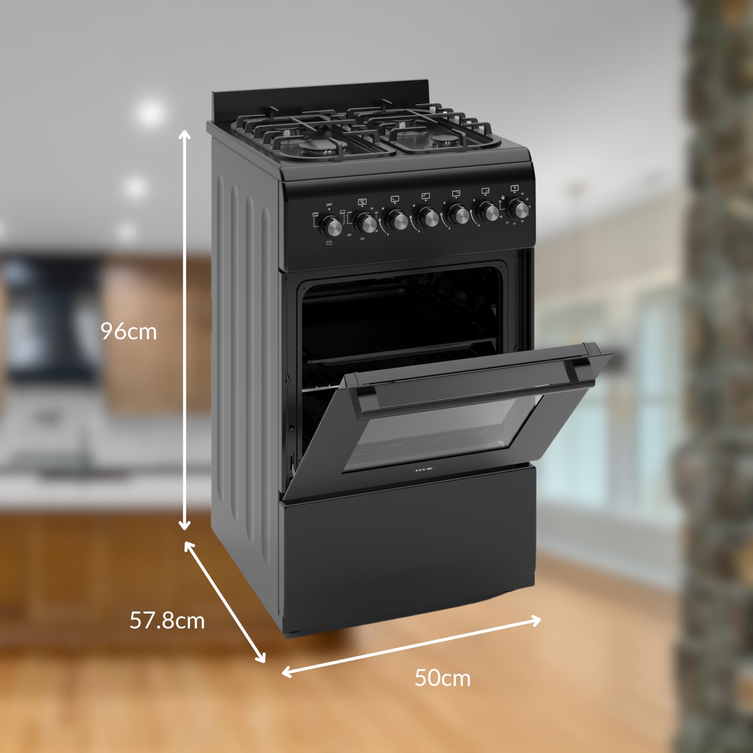 HYE Cooker - Gas Cooker, Versatile 4 Burner Gas Hob, Electric Oven, Smart Cooking Controls & Programs, 50cm Width, Freestanding Design, Black, Ideal For Smaller Kitchens & Couples - C01FS50G17 — view 5