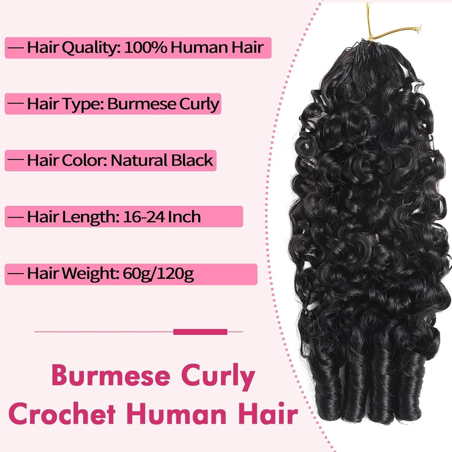 Burmese Curly Human Crochet Hair 16inch 60g Knotless Pre-Separated Feather Human Crochet Hair 3C4A Lightweight Remy Hair Extensions With Spiral Curl for Women Natural Black Color