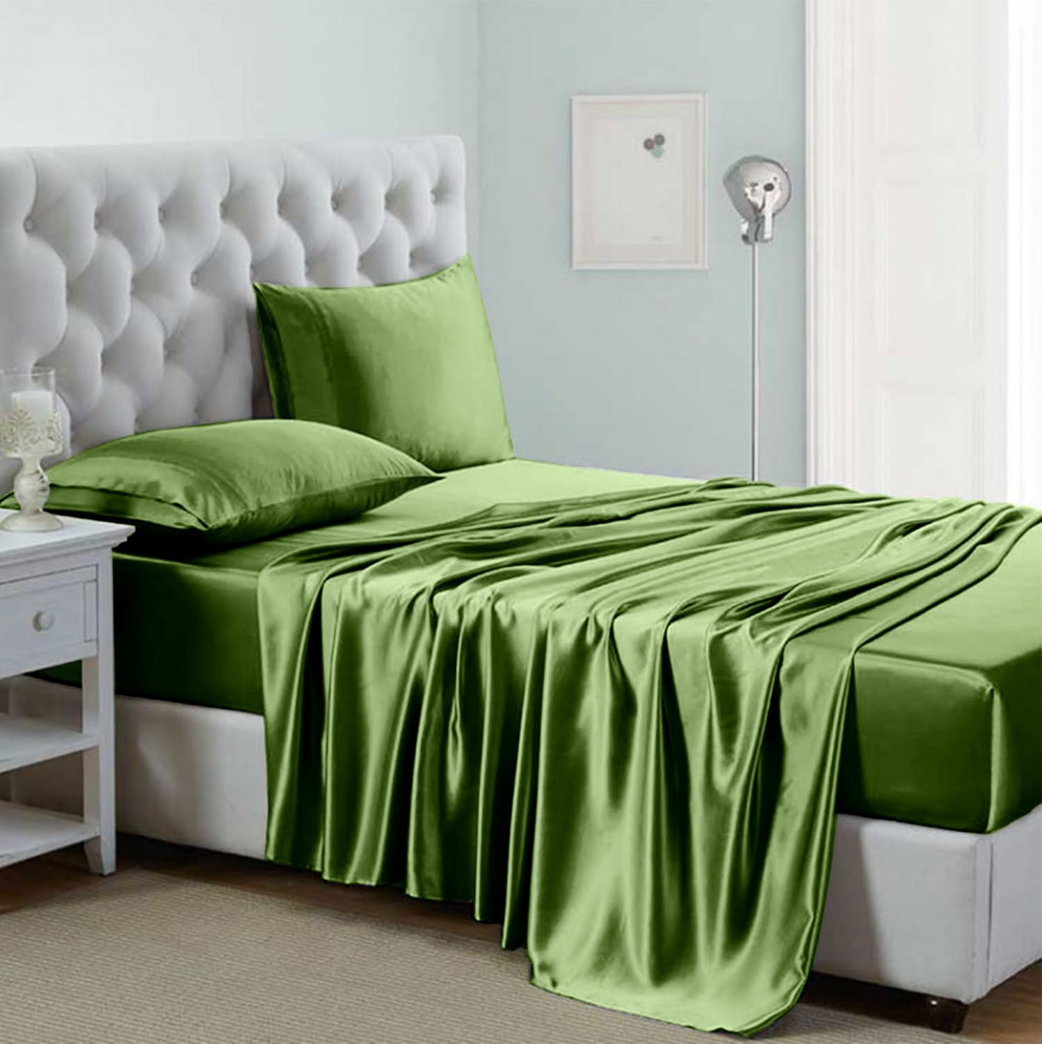 Lanest Housing Silk Satin Sheets, California King Size Satin Bed Sheet Set with Deep Pockets, Cooling Soft and Hypoallergenic Satin Sheets Cal King - Sage Green