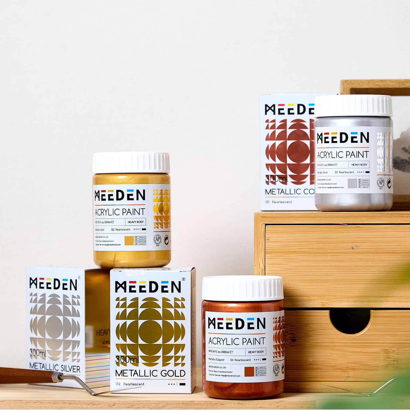 MEEDN Metallisches Acrylfarbset: 300 ml Acrylic Paint Set mit Gold Silber & Kupfer für Erwachsene zum Basteln, Weihnachtsdekor - Dicke Goldblattfarben für Holzmöbelmalerei