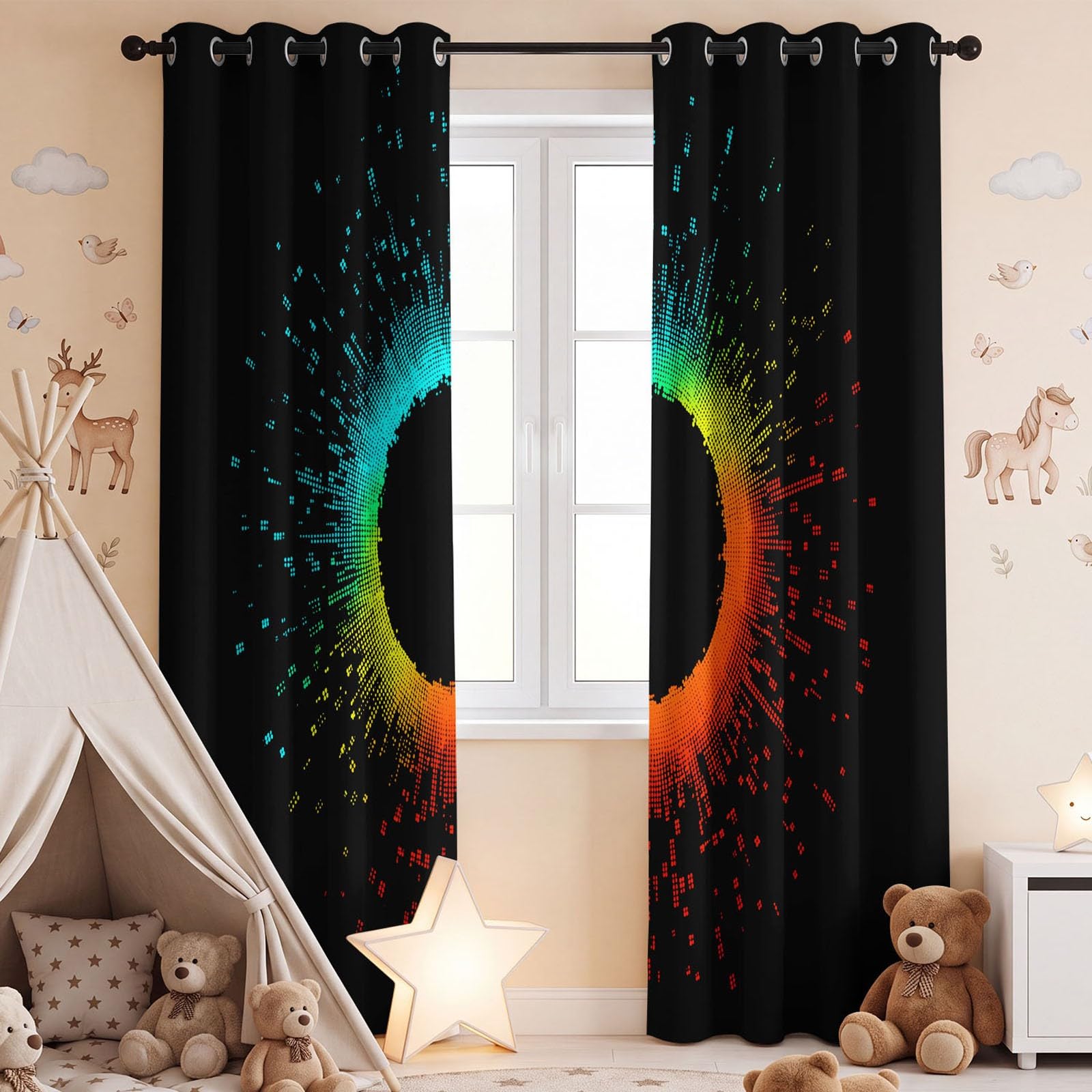 Cortina opaca abstracta neón, juego de 2 unidades, cortinas opacas geométricas circulares para dormitorio, habitación infantil, ancho 140 x alto 250 cm
