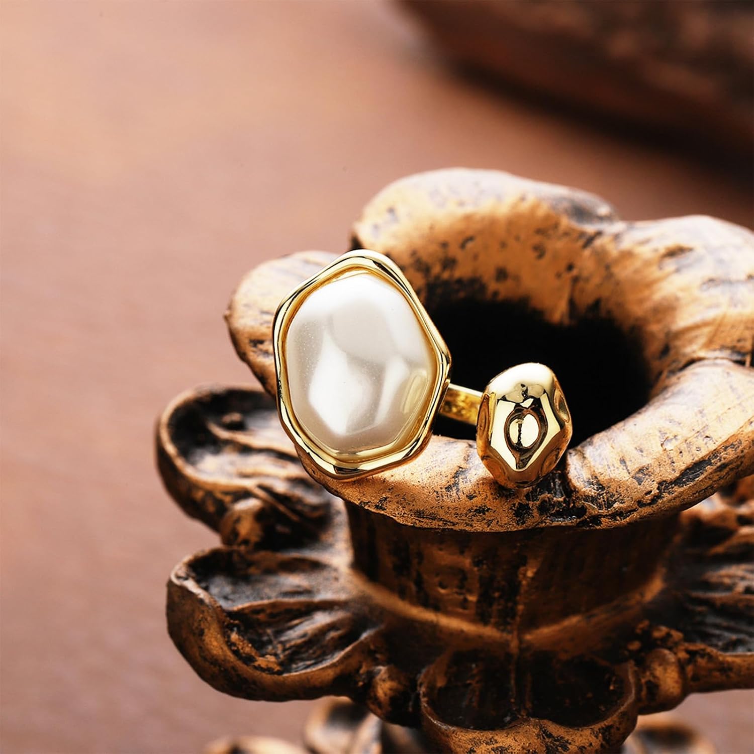 Baroque Pearl Open Ring, 14K Gold Plated, Adjustable, for Women