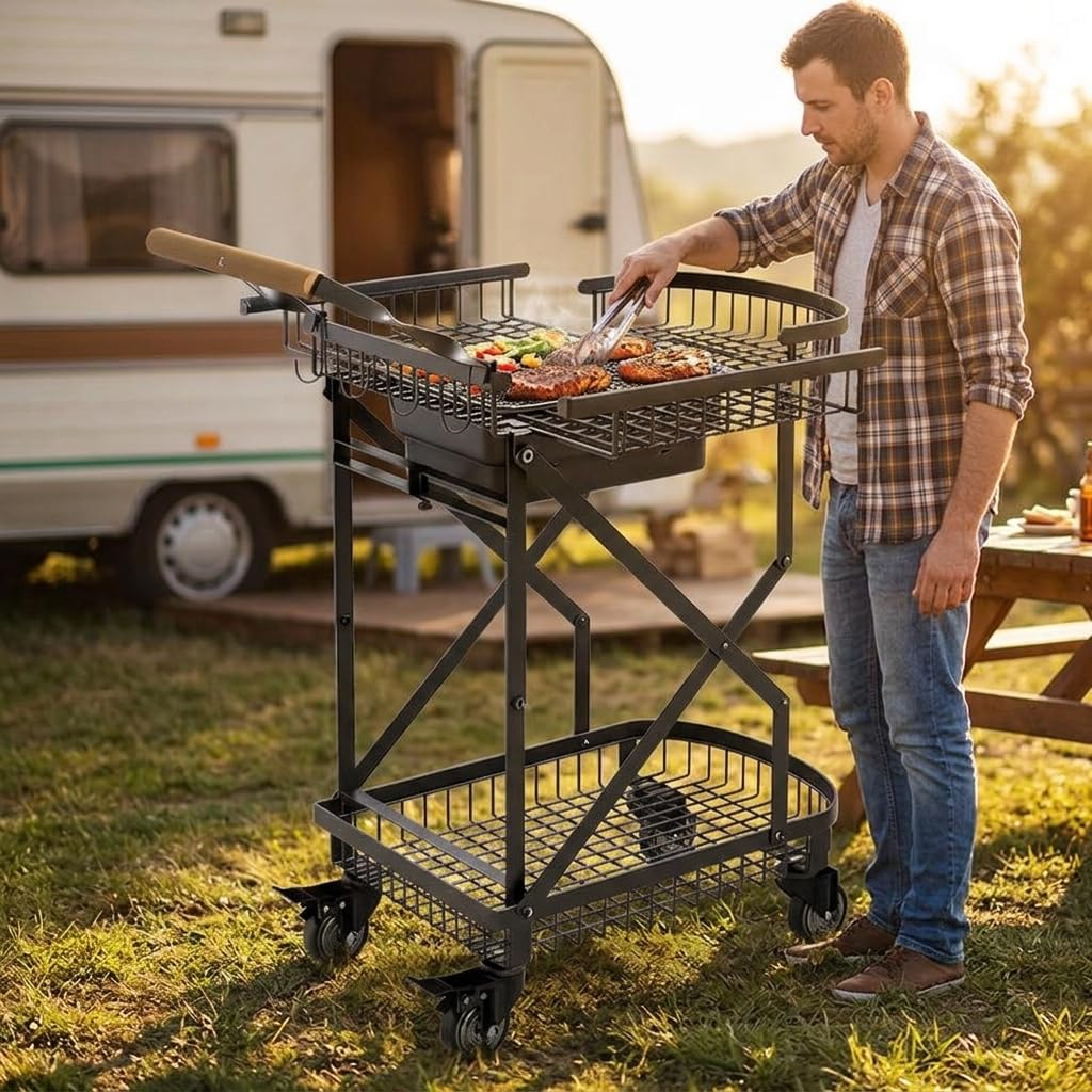 Barbacoa Carbón Portátil, Parrilla Barbacoa Exterior con Ruedas, Carrito Acero y Madera, para Camping y Jardín, Carro de barbacoa con parrilla y ganchos (semi-ensamblado)