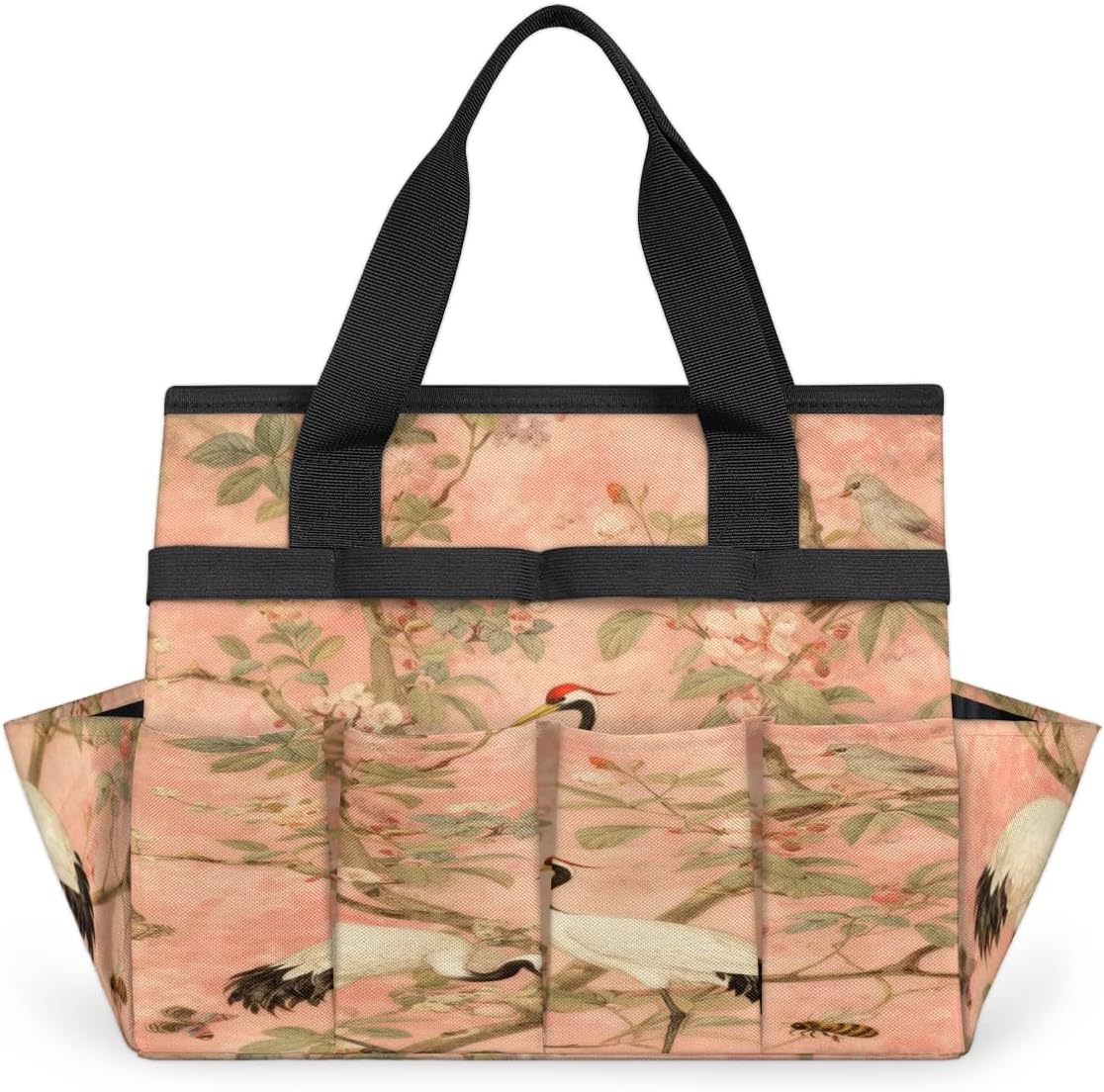 Classical style red crowned crane Garden Tool Bag, Heavy Duty Gardening Tote Bag with 10 Pockets,Standable Garden Home Tool Kits Organizer,Gardening bag for women Men Indoor and Outdoor Gardening.