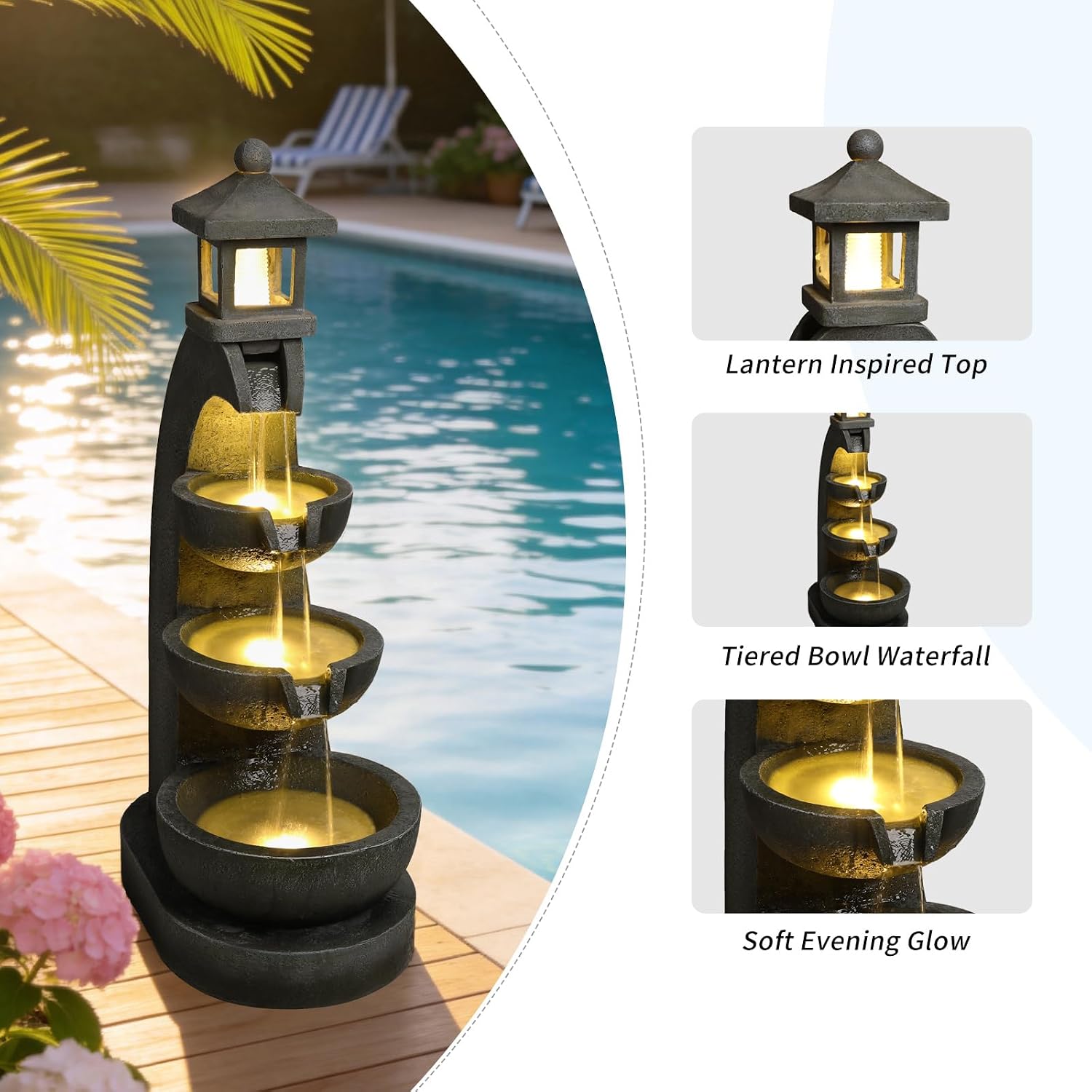 35 Inch Outdoor Lantern Fountain with LED Lights, 3 Tier Bowl Cascading Pagoda Water Fountain, Polyresin Stone Finish, Pre-Installed Quiet Pump, GFCI Safe for Patio Yard Porch Landscape