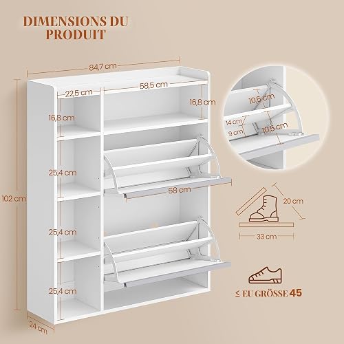 HEXCELEN Meuble à Chaussures Entrée avec 2 Portes, Armoire à Chaussures, 5 Compartiments, Séparateur Réglables, 8 à 12 Paires, pour Entrée, Salon, 84,7 x 24 x 102 cm, Blanc - 3