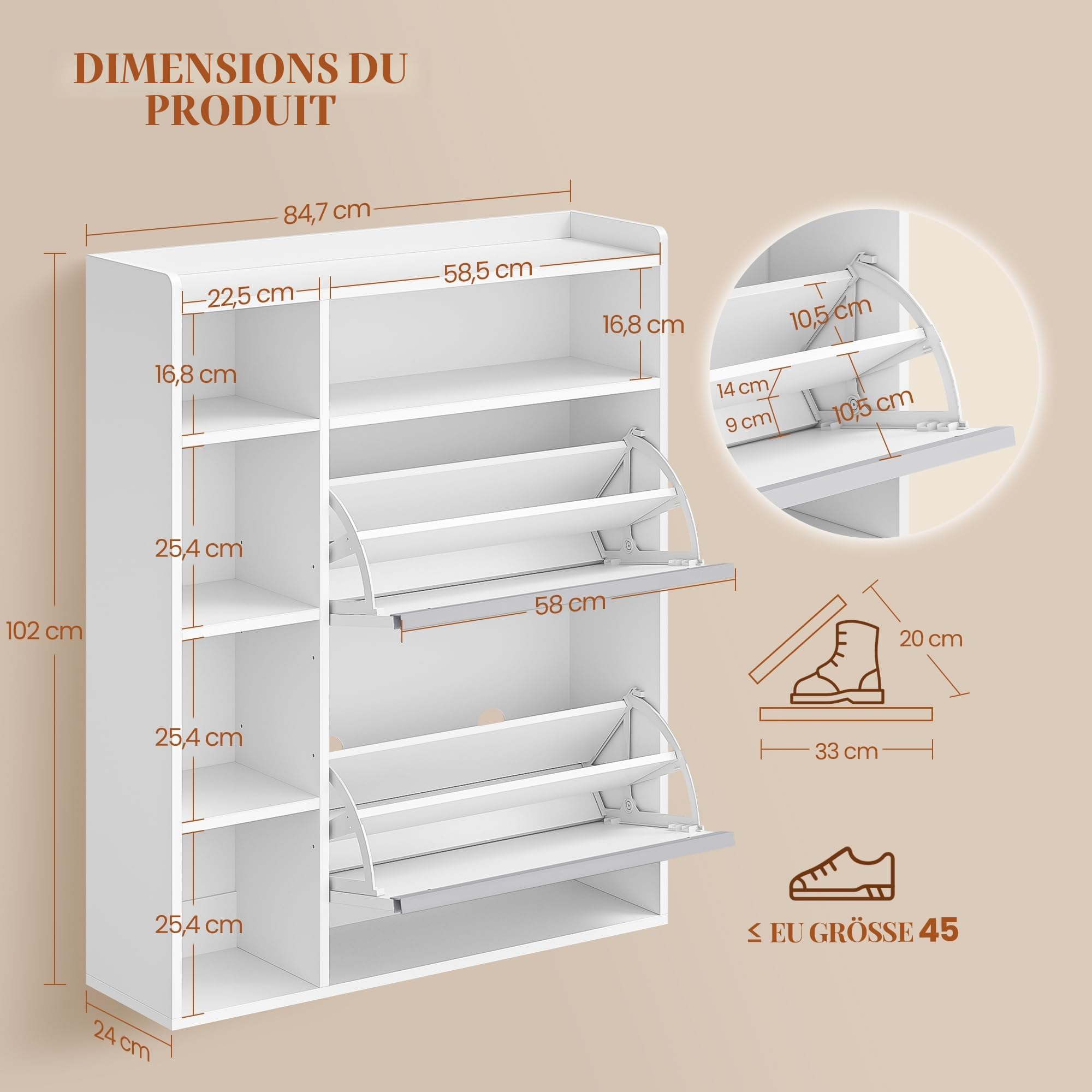 HEXCELEN Meuble à Chaussures avec 2 Portes, 5 Compartiments, Blanc | Armoire à Chaussures, Séparateur Réglables, 8 à 12 Paires, pour Entrée, Salon, 84,7 x 24 x 102 cm
