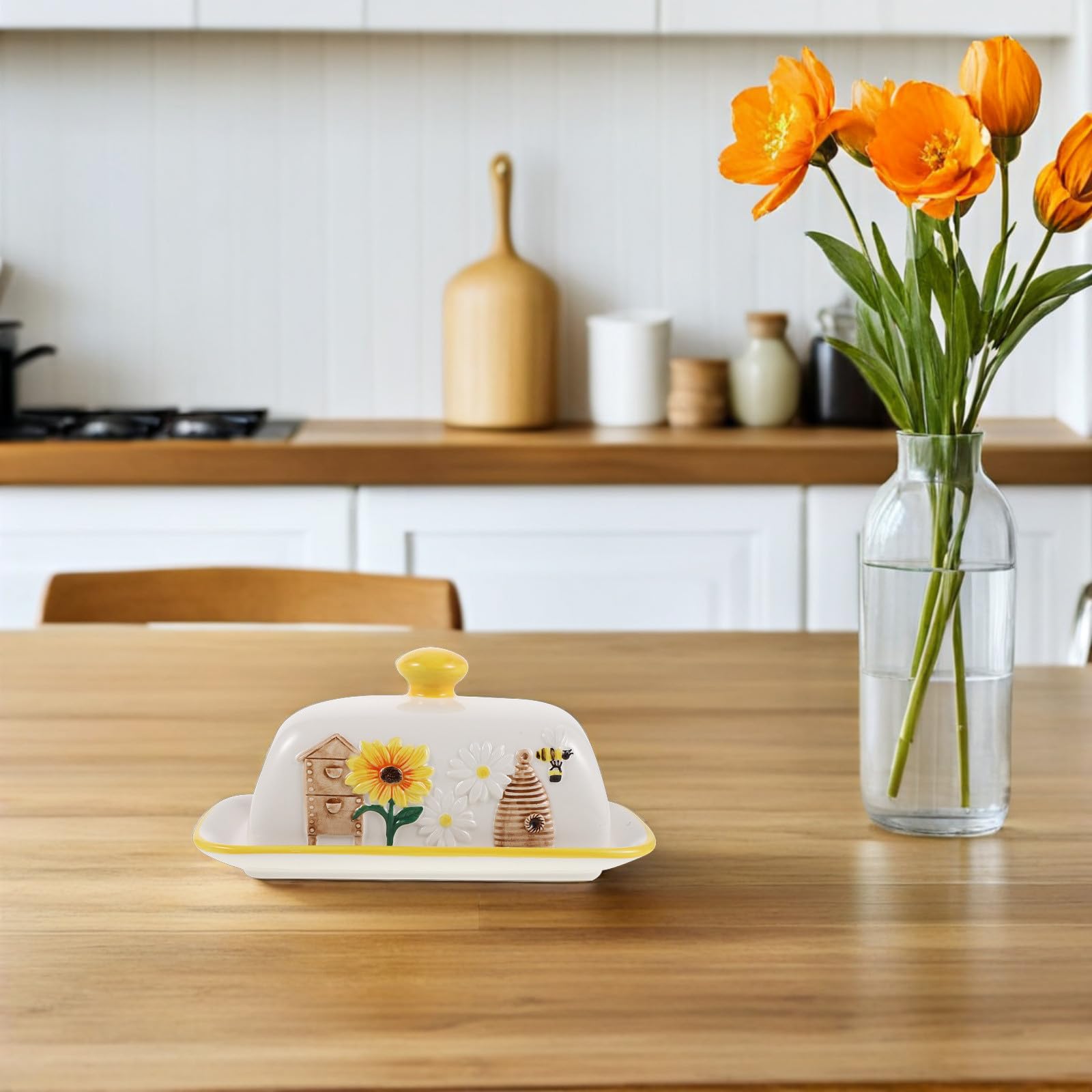 Porte-beurre de Comptoir en Céramique avec Motif Abeille Tournesol